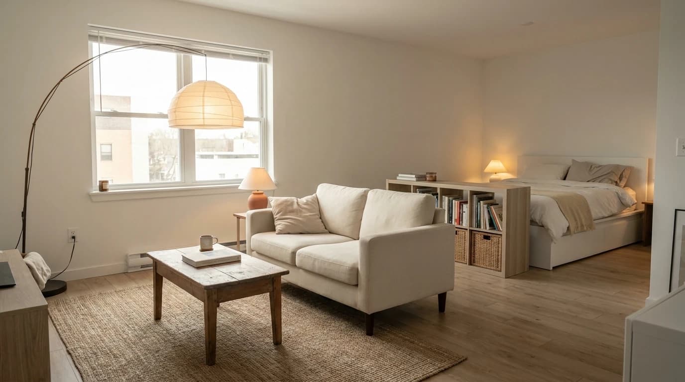 A well-zoned studio apartment with a cream sofa floated in the center as a zone boundary, jute rug anchoring the living zone in the foreground, KALLAX shelf divider, white platform bed with soft runner and warm bedside lamp in the sleeping zone, pale morning light from a large window