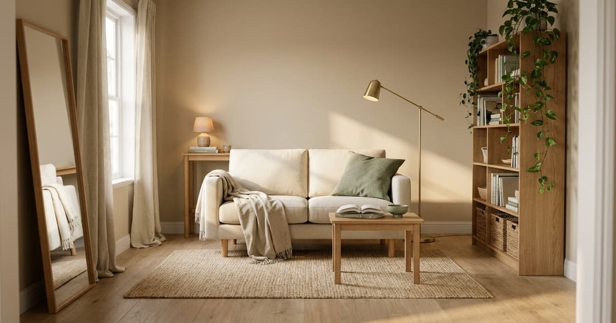 A complete warm minimalist small apartment living room with a cream compact sofa on raised legs, large jute rug, arc floor lamp, tall oak shelving unit, leaning mirror, soft morning light