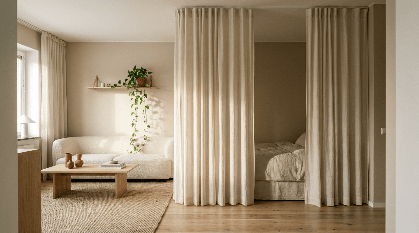A warm minimalist studio apartment with floor-to-ceiling cream linen curtain room divider hanging from a ceiling-mounted track close to the ceiling, separating the sleeping zone from the living area, light oak plank floor, cream sofa visible on the living side, soft morning light from the left