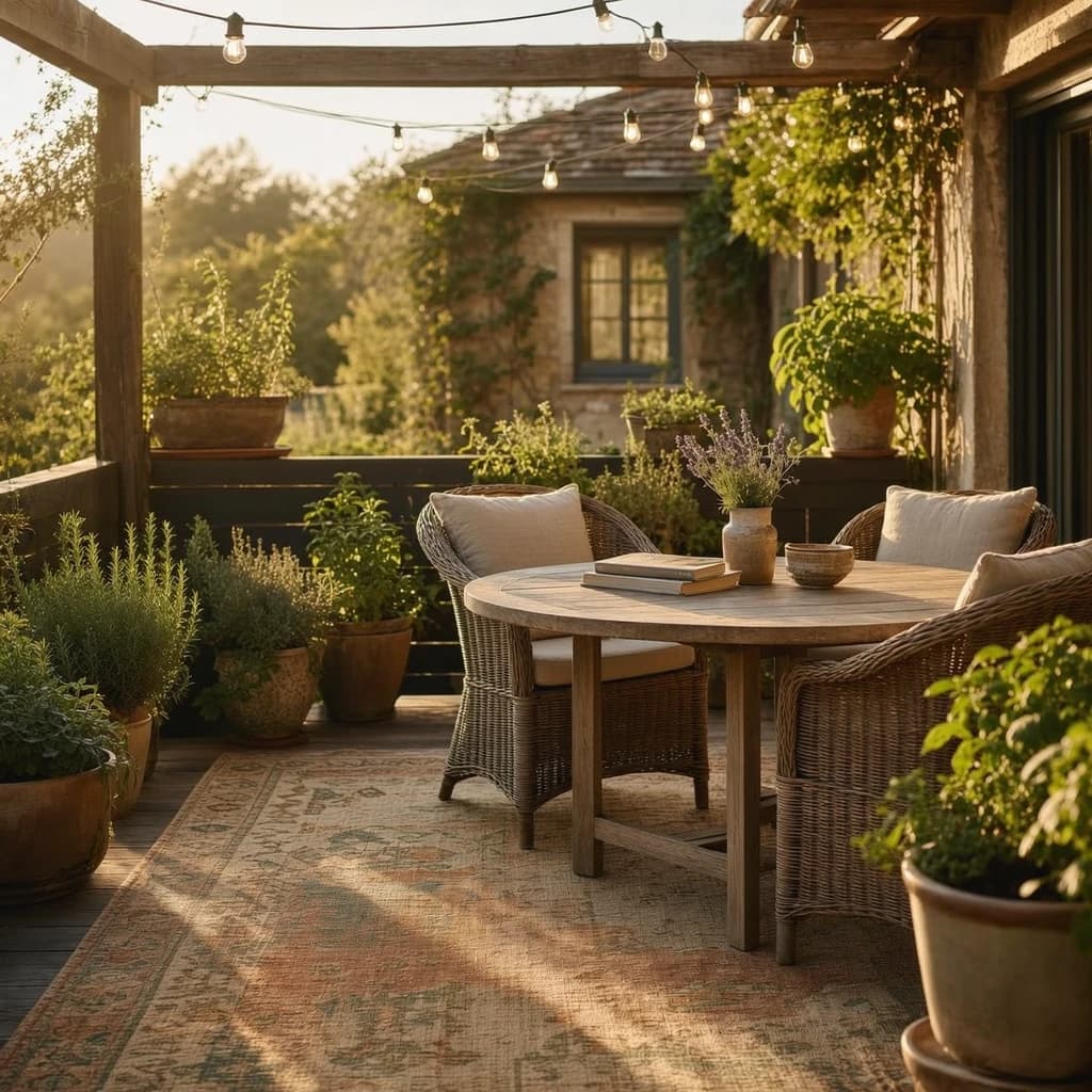 A small apartment patio featuring a compact white bistro set on a flatwoven natural fiber outdoor rug, a railing planter with trailing herbs, and warm globe string lights overhead, soft afternoon light from the left