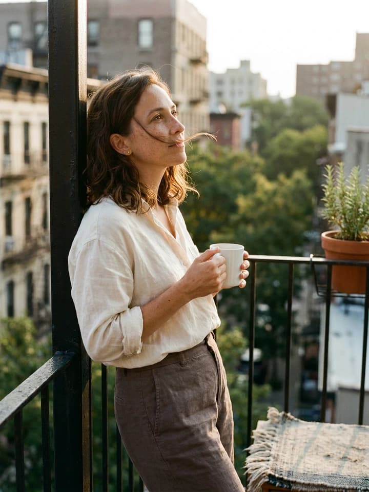 Elise standing on her apartment balcony with a morning coffee, looking out over the courtyard