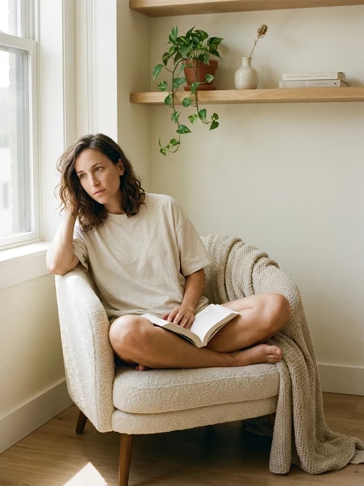 Elise sitting cross-legged on her cream boucle sofa reading a book, warm morning light from a side window