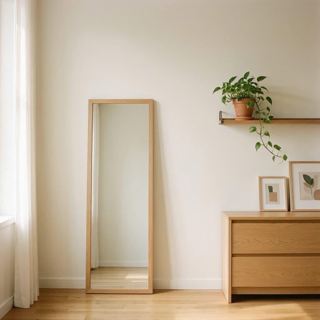 A warm minimalist rental studio apartment with a leaning full-length mirror against a matte white wall, two picture ledges holding small framed prints, and a trailing pothos on the lower ledge, soft morning light from the left window