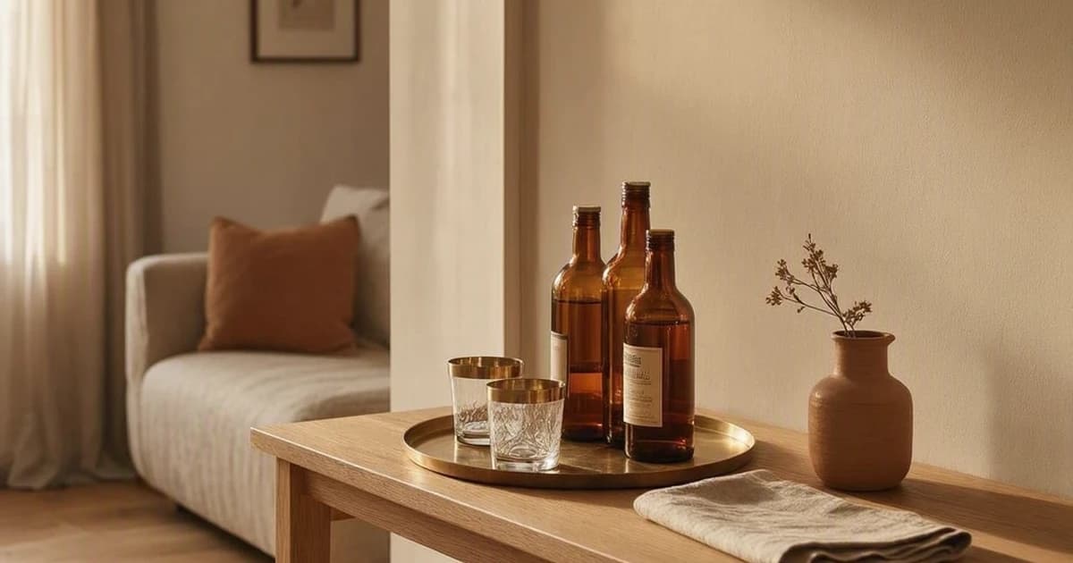 A narrow terracotta-toned living room corner featuring a light oak console with three amber glass bottles, two brass-rimmed glasses on a round brass tray, soft afternoon light