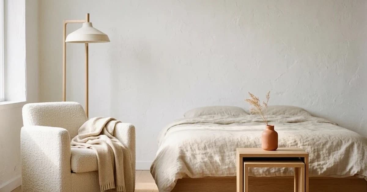 A minimalist studio apartment featuring a cream boucle armchair, light oak nesting tables with a terracotta vase, and a platform bed with linen bedding, soft morning light from a large window