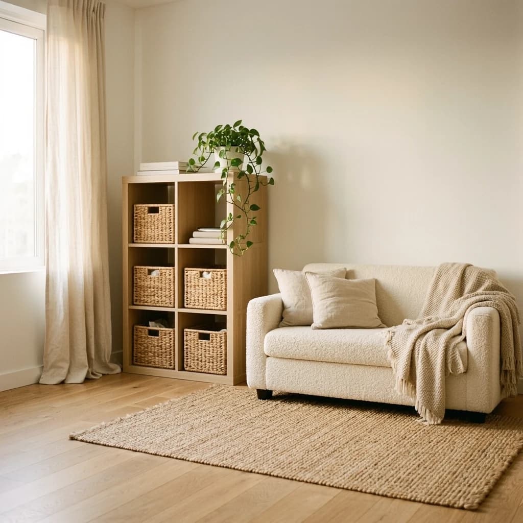A small renter-friendly studio apartment interior featuring a cream boucle sofa, a large hand-knotted jute rug, floor-length ivory linen curtains, and a tall light oak IKEA KALLAX shelf unit against a matte white wall, soft morning light from a single window on the left