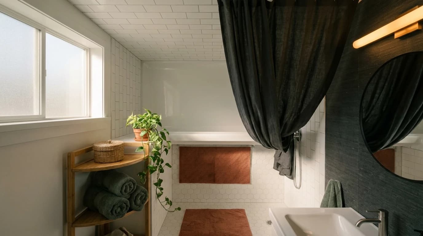 A complete small moody rental bathroom with a dark charcoal linen shower curtain, warm amber vanity light, large oval mirror on a charcoal grasscloth accent wall, bamboo corner shelf with sage green towels and a trailing pothos, white tile on three walls and ceiling, terracotta bath mat