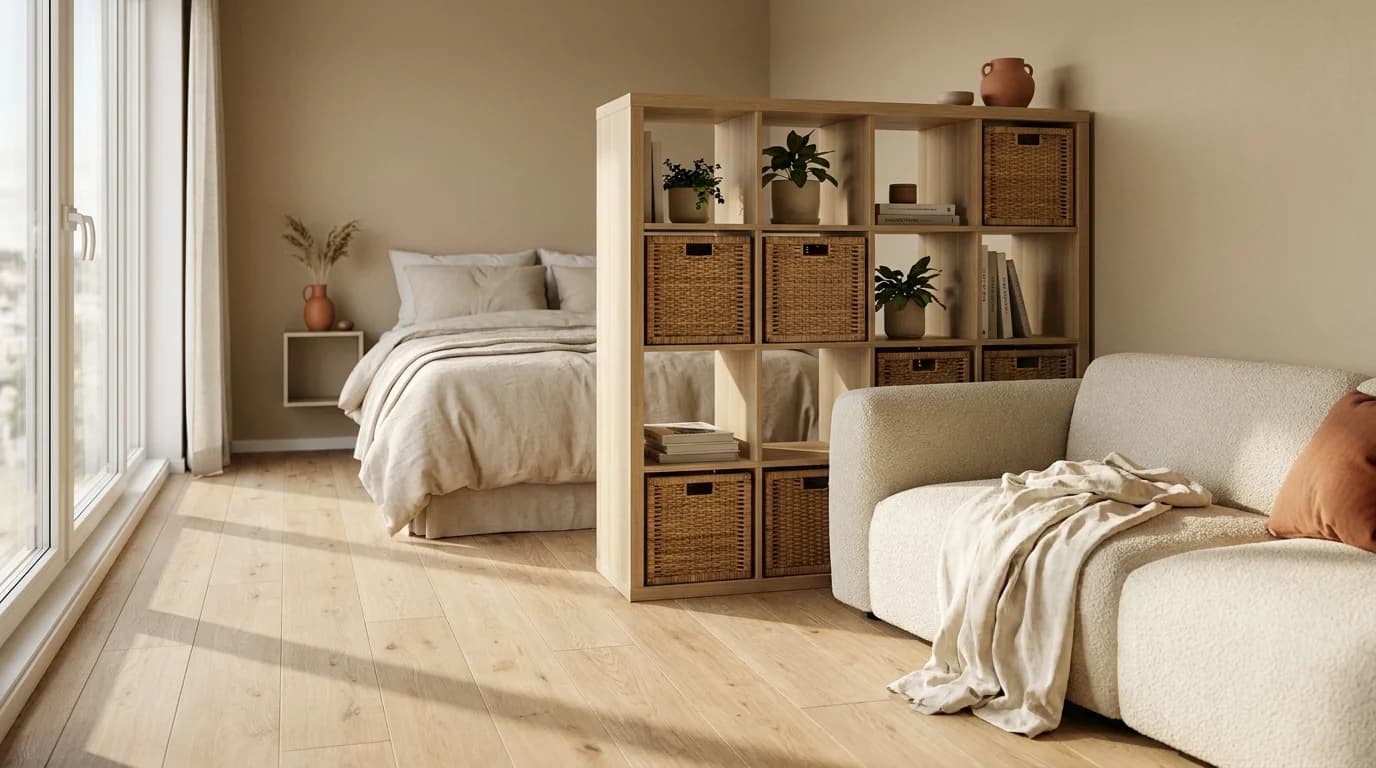 A warm minimalist studio apartment with a light oak IKEA KALLAX bookcase positioned as a room divider between a cream sofa living area and a queen bed, woven baskets in the cubbies, terracotta plant on top, soft morning light from left window