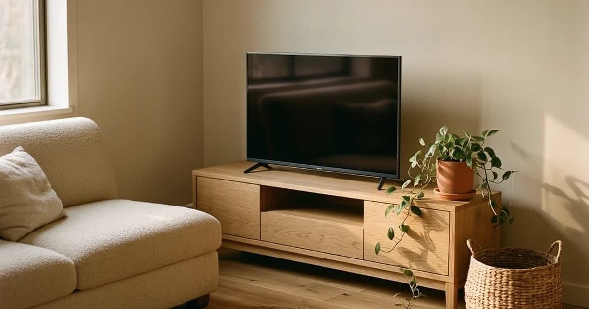 A small living room with a light oak TV console placed diagonally across the corner, cream boucle sofa angled to face it, small jute rug and trailing plant