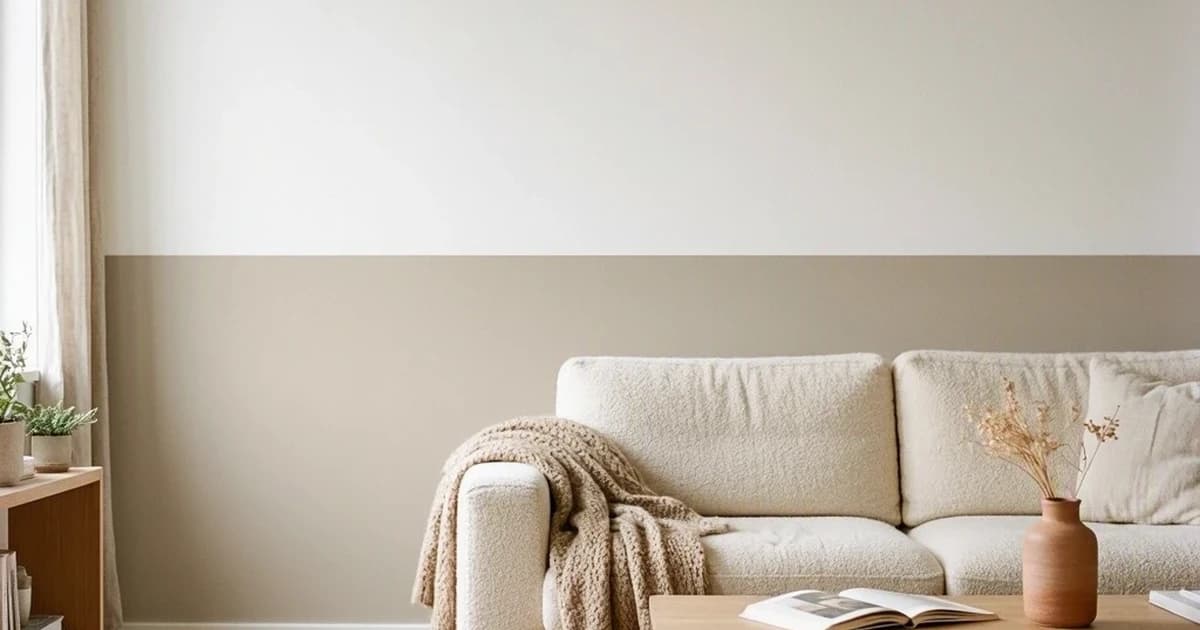 A small rental living room with a two-tone paint combination, warm greige lower half and crisp white upper half, cream boucle sofa, light oak coffee table, soft morning light from a side window