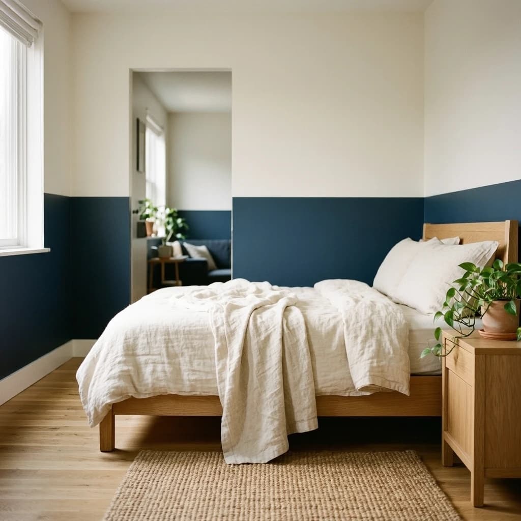 A small apartment bedroom with a two-tone accent wall, deep navy lower half and crisp white upper half, split at 36 inches, a light oak bed frame, jute rug, and warm morning light from a side window