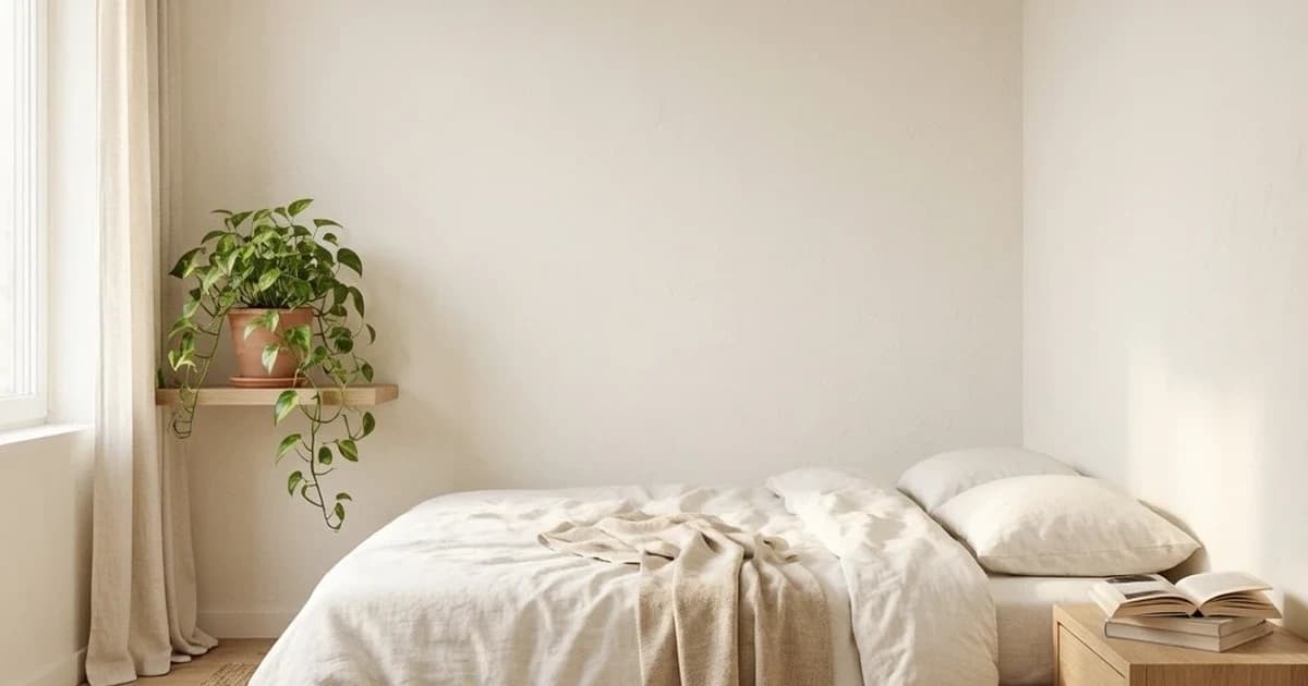 A small bedroom with soft cream-white walls, light oak plank floor, white linen bedding on a low platform bed, a trailing pothos in a terracotta pot on a floating shelf, soft morning light from a single left window