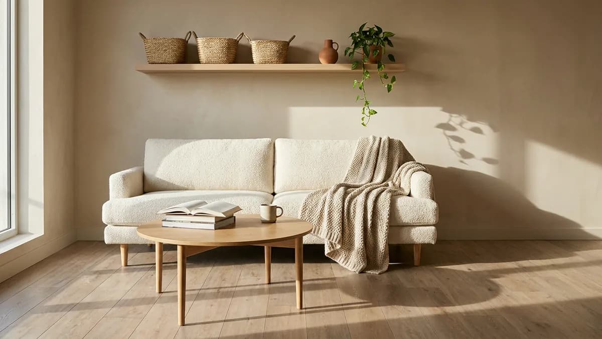 A warm minimalist studio apartment living room featuring a cream boucle sofa, light oak floating shelves, and a jute rug, soft morning light from a single large window