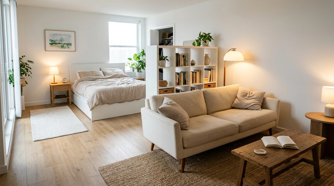 A complete well-zoned studio apartment showing both zones: cream sofa floated with back to sleeping zone, jute rug anchoring the living zone, warm floor lamp and table lamp in the living zone, KALLAX shelf divider, white platform bed with soft runner and warm bedside lamp, pale morning light, no clutter