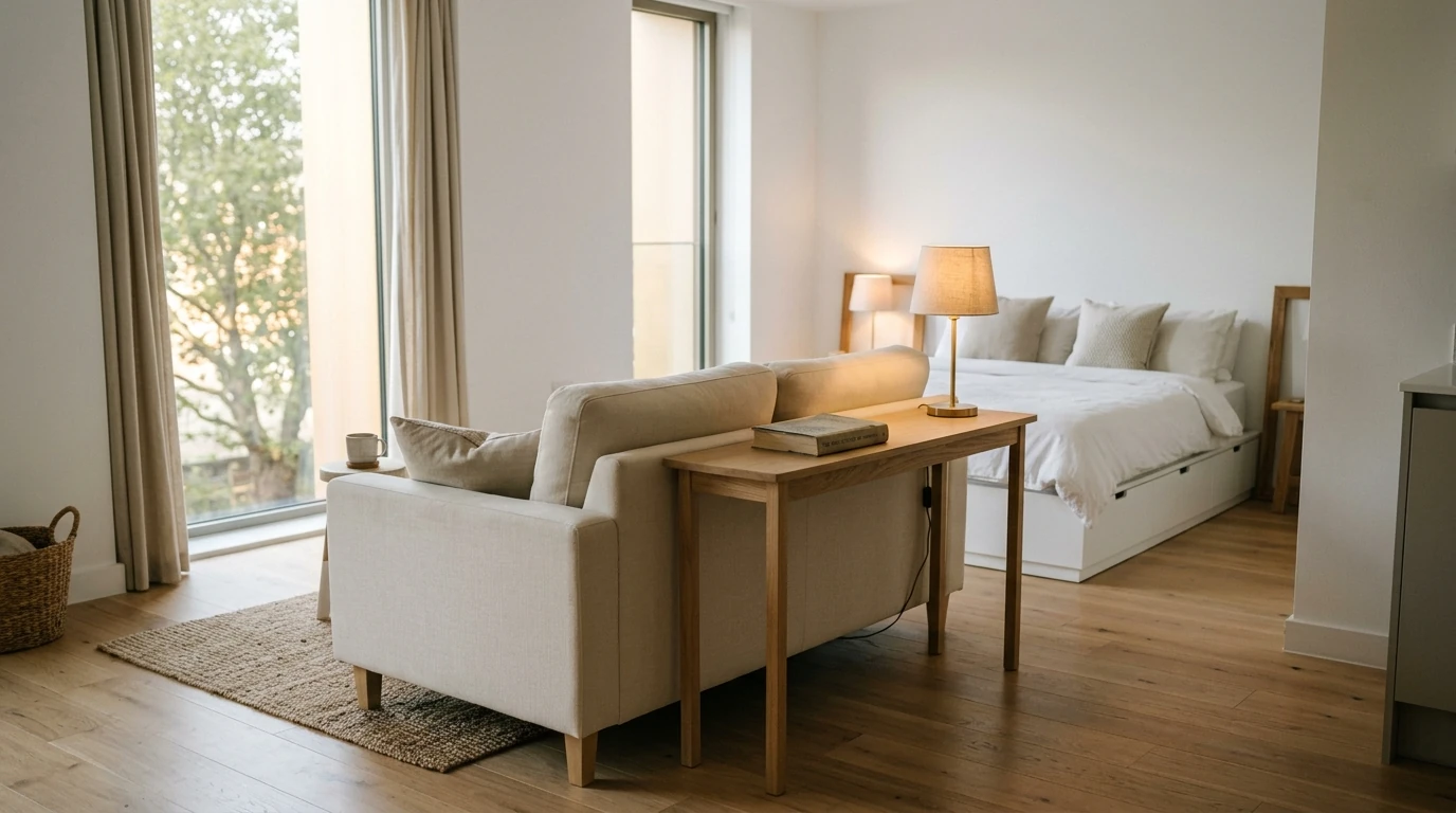 A studio apartment with a cream compact sofa turned back-to-living-area, a narrow oak console table directly behind the sofa back facing the sleeping zone, a small bedside lamp and nightstand visible behind it, a large window ahead, morning light