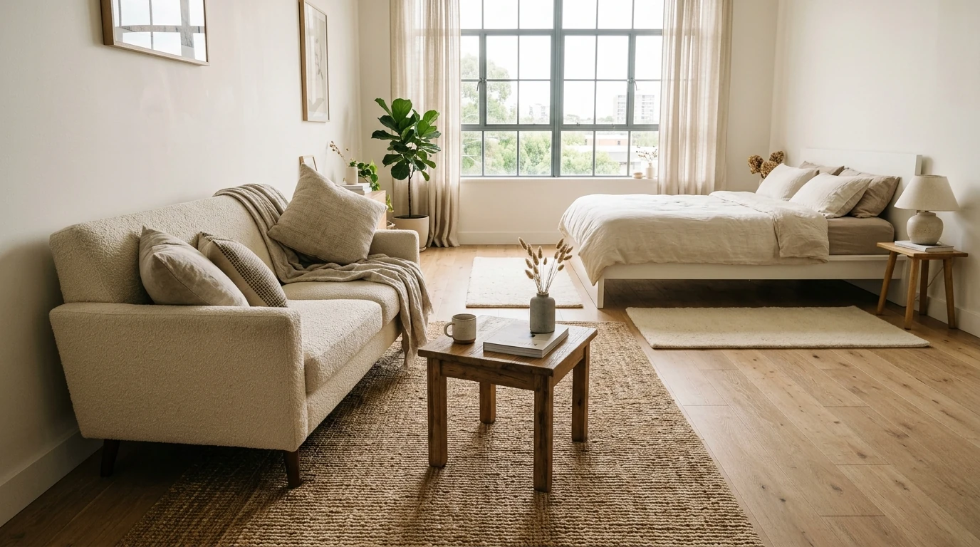 A studio apartment showing two distinct rugs: a large flat-weave jute rug under a cream sofa and coffee table in the living zone, and two soft low-pile runners on either side of a white bed frame in the sleeping zone behind the sofa, morning light