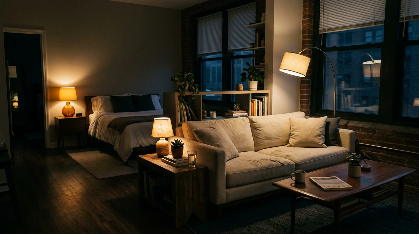 A studio apartment at dusk showing two lighting zones: a warm floor lamp illuminating the sofa and coffee table in the foreground living zone, and a single warm bedside lamp glowing beside a white bed in the darker background sleeping zone