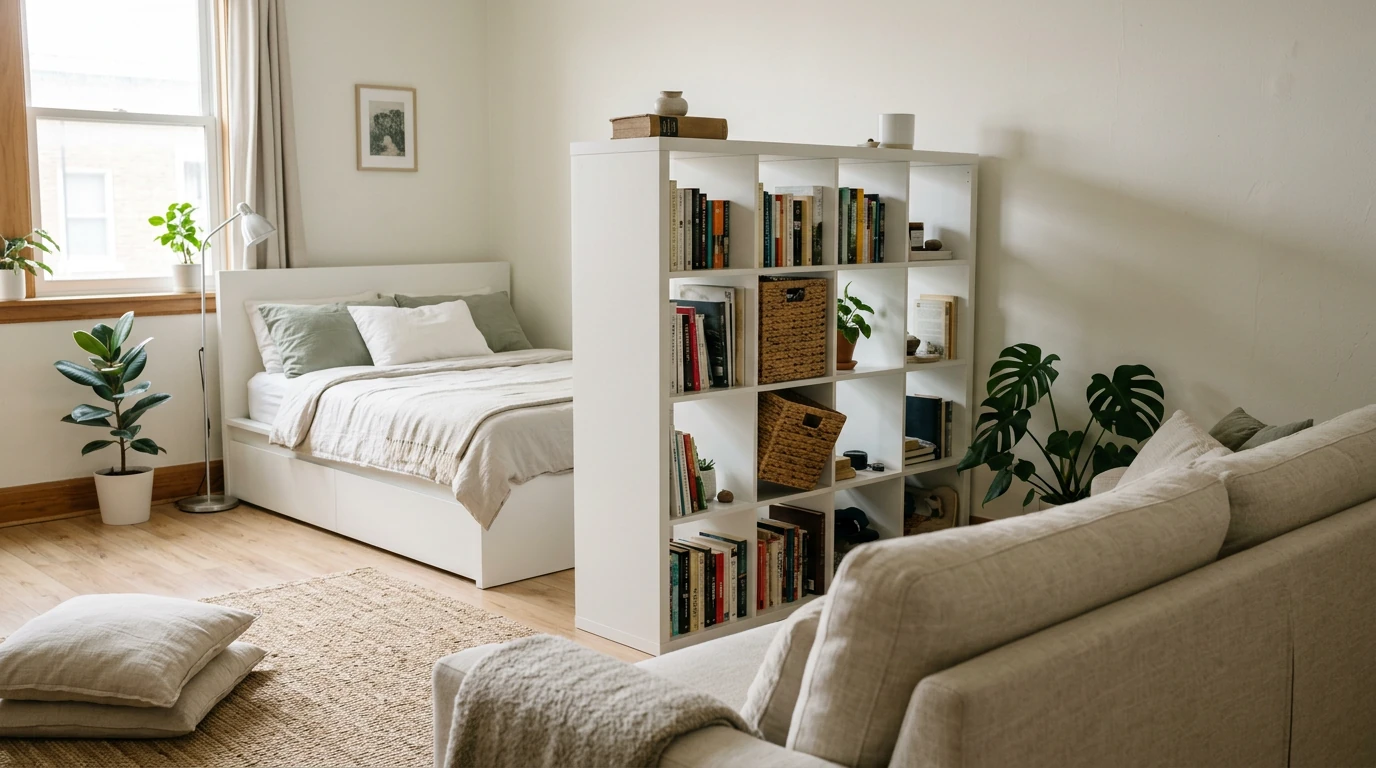 A studio apartment with an IKEA KALLAX 4x4 shelf unit used as a low room divider perpendicular to the wall between a cream sofa living zone and a white bed sleeping zone behind it, cubbies facing the bed zone, morning light from a large window