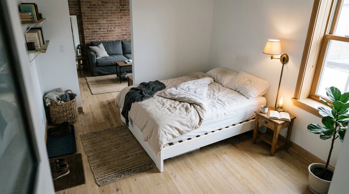 A studio apartment showing a white platform bed placed in the far corner away from the entry door, slightly angled away from the sofa zone, a small nightstand, 60cm clearance on the left side and at the foot of the bed, morning window light