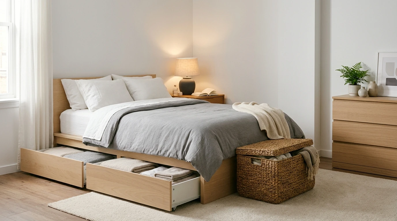 A studio apartment sleeping zone with an IKEA MALM platform bed with visible storage drawers, a small nightstand with a warm bedside lamp, a woven basket at the foot of the bed, and a low dresser against the wall, all storage contained within the sleeping zone