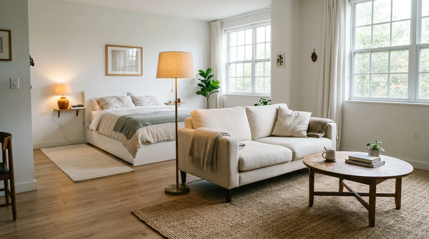 A well-zoned studio apartment: cream sofa floated in the middle with its back to the sleeping zone, a jute rug under the sofa and a separate runner beside the bed, single warm bedside lamp on in the sleep zone, floor lamp in the living zone, natural morning light