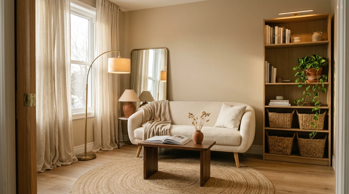 A complete warm minimalist small apartment living room with a cream compact sofa on raised legs, large jute rug, three layered light sources, tall oak shelving unit with baskets, leaning mirror, trailing pothos plant, soft morning light