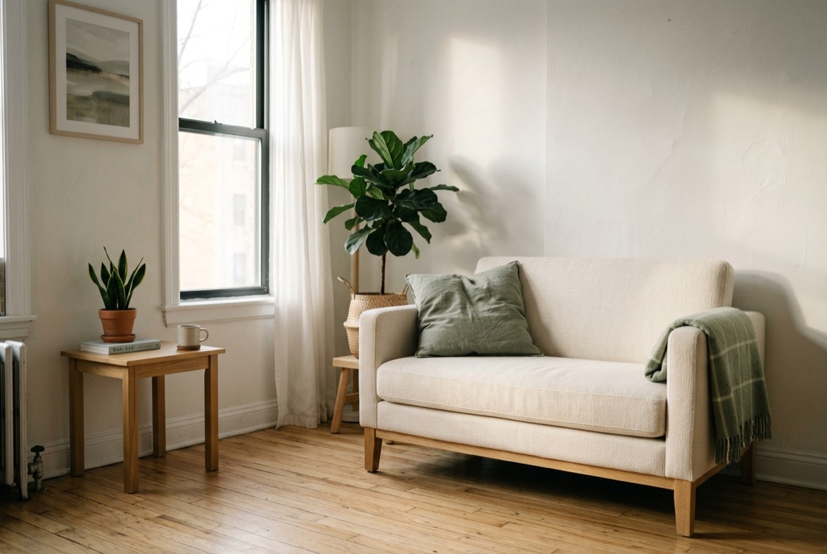 A compact cream loveseat with raised natural oak legs in a small apartment living room, light oak floor, matte white walls, sage green cushion, soft morning light from left window