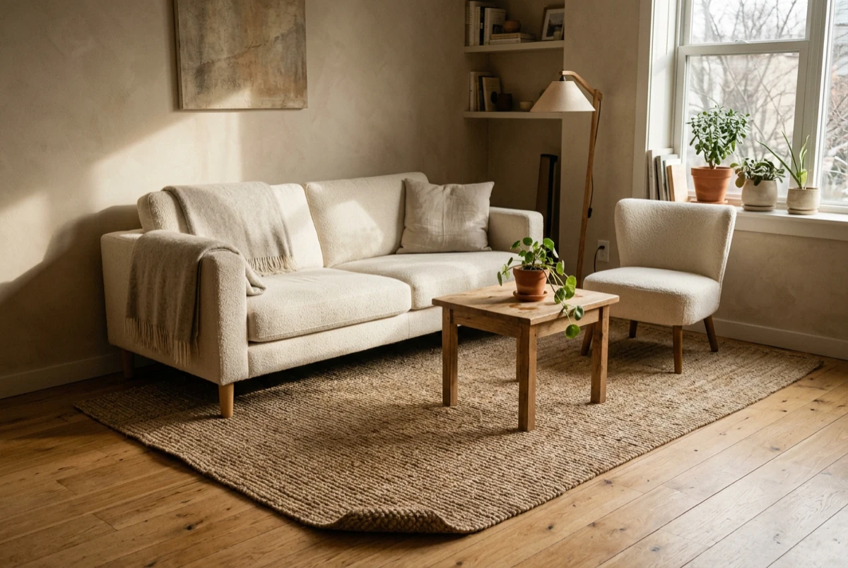 A hand-knotted jute rug anchoring a cream sofa and two small chairs in a warm minimalist apartment living room, front furniture legs on the rug, natural morning light