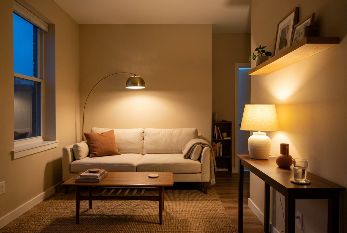 A small apartment living room at dusk with three light sources: a slim brass arc floor lamp behind the sofa, a ceramic table lamp on a side console, and warm LED strip light under a floating shelf, terracotta accent