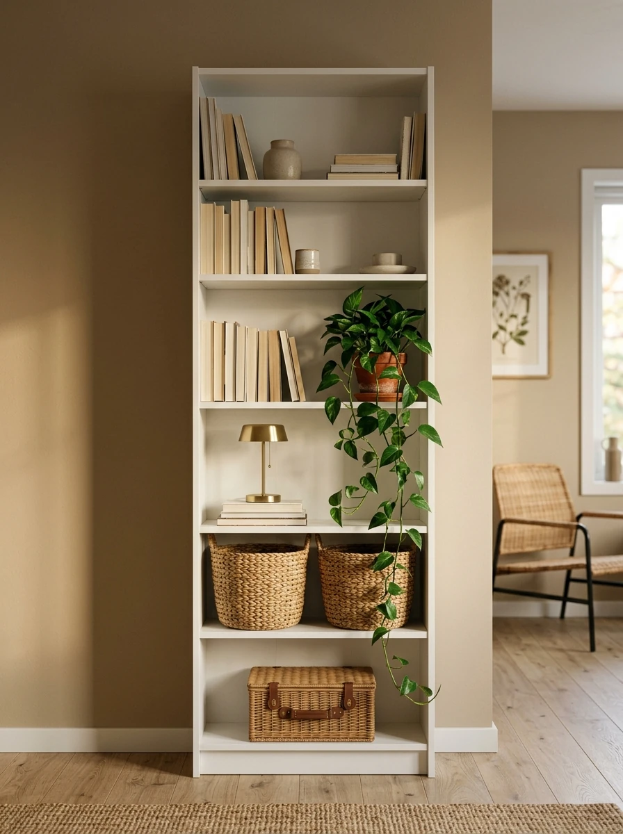 A tall IKEA BILLY bookcase against a matte white wall in a warm apartment living room, lower shelves with woven baskets, upper shelves with books and a trailing pothos plant, warm afternoon light