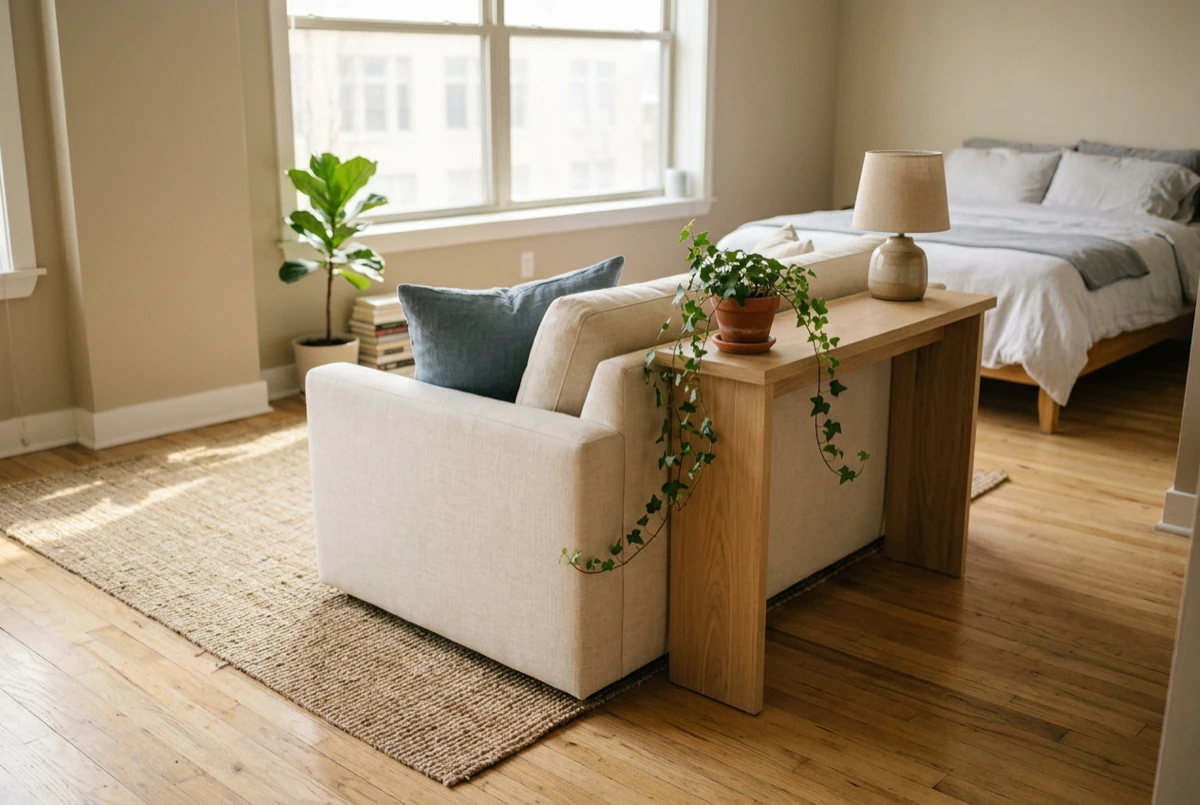 A studio apartment living zone defined by a cream sofa with back facing the sleeping area, narrow oak console behind the sofa, jute rug anchoring the seating, clear 24-inch walking path on both sides, natural light from window ahead