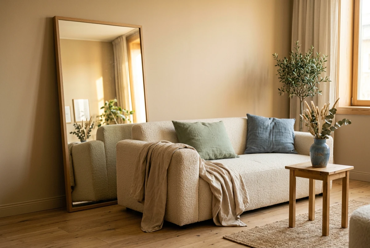 A warm apartment living room corner with a large leaning mirror reflecting window light, cream bouclé sofa with sage green linen cushions and an oat cotton throw draped over the arm, dusty blue ceramic vase on side table
