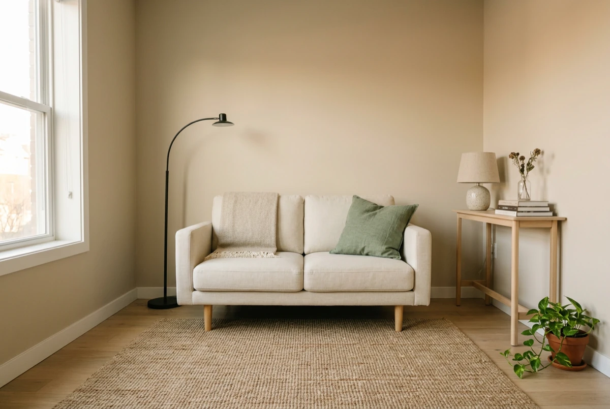 A before-and-after contrast of a small apartment living room: left side cluttered with oversized sectional and multiple small rugs, right side clean with compact loveseat, single large jute rug, three-lamp lighting, muted neutrals