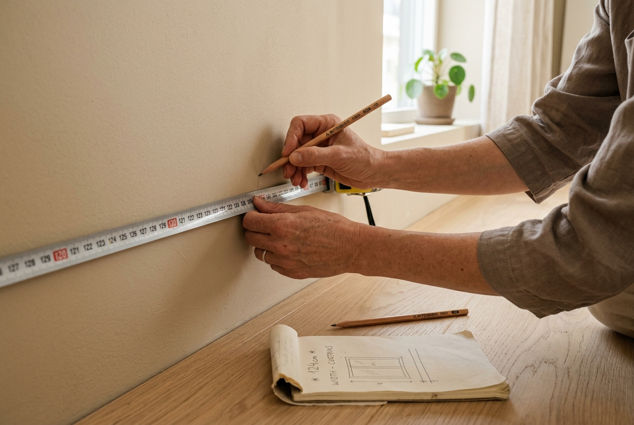 Close-up of hands using a measuring tape along a warm beige apartment wall measuring a studio span for curtain installation, pencil and notepad nearby on a light oak floor, soft afternoon light from the right