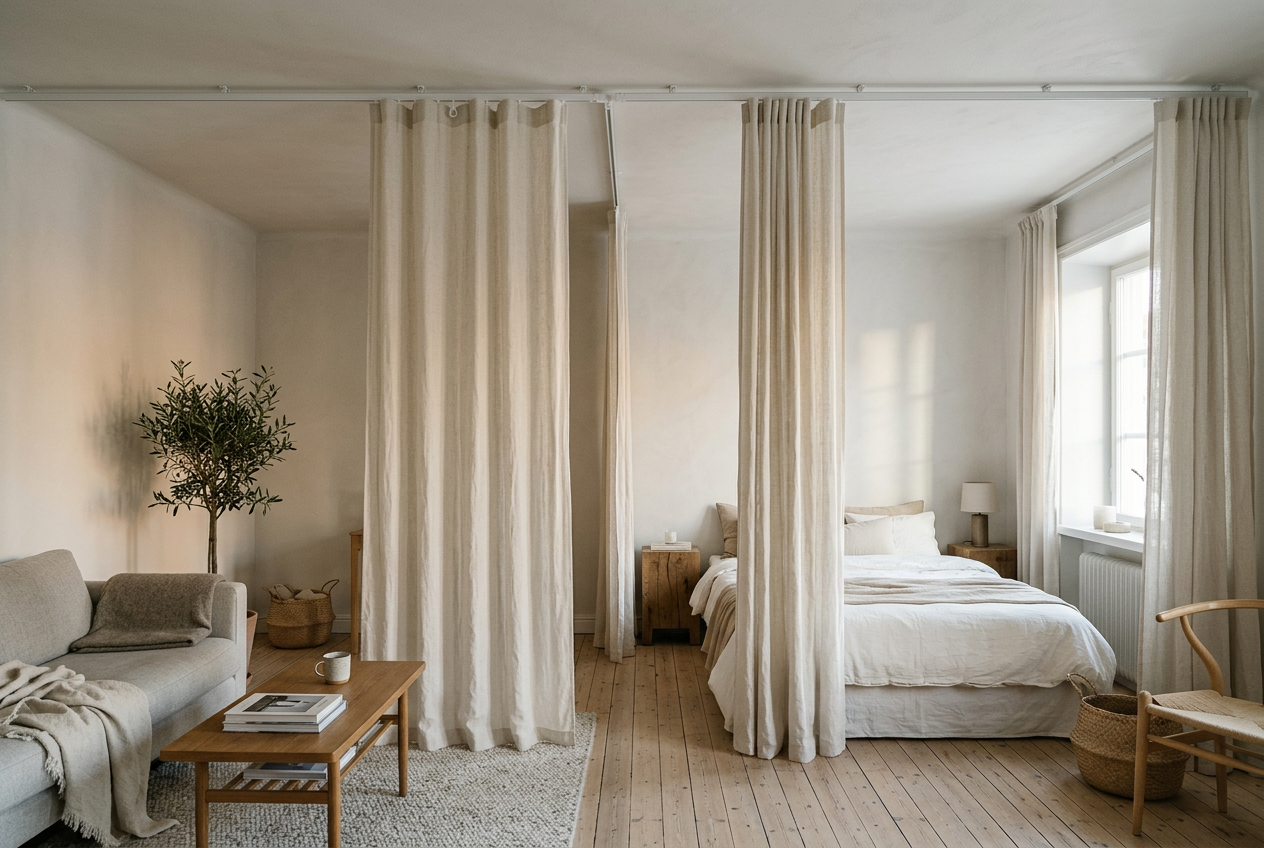 A studio apartment ceiling with a slim white IKEA VIDGA-style ceiling curtain track mounted flush, cream linen panels hanging from gliders partially open, showing both living and sleeping zones, soft morning light from the right window