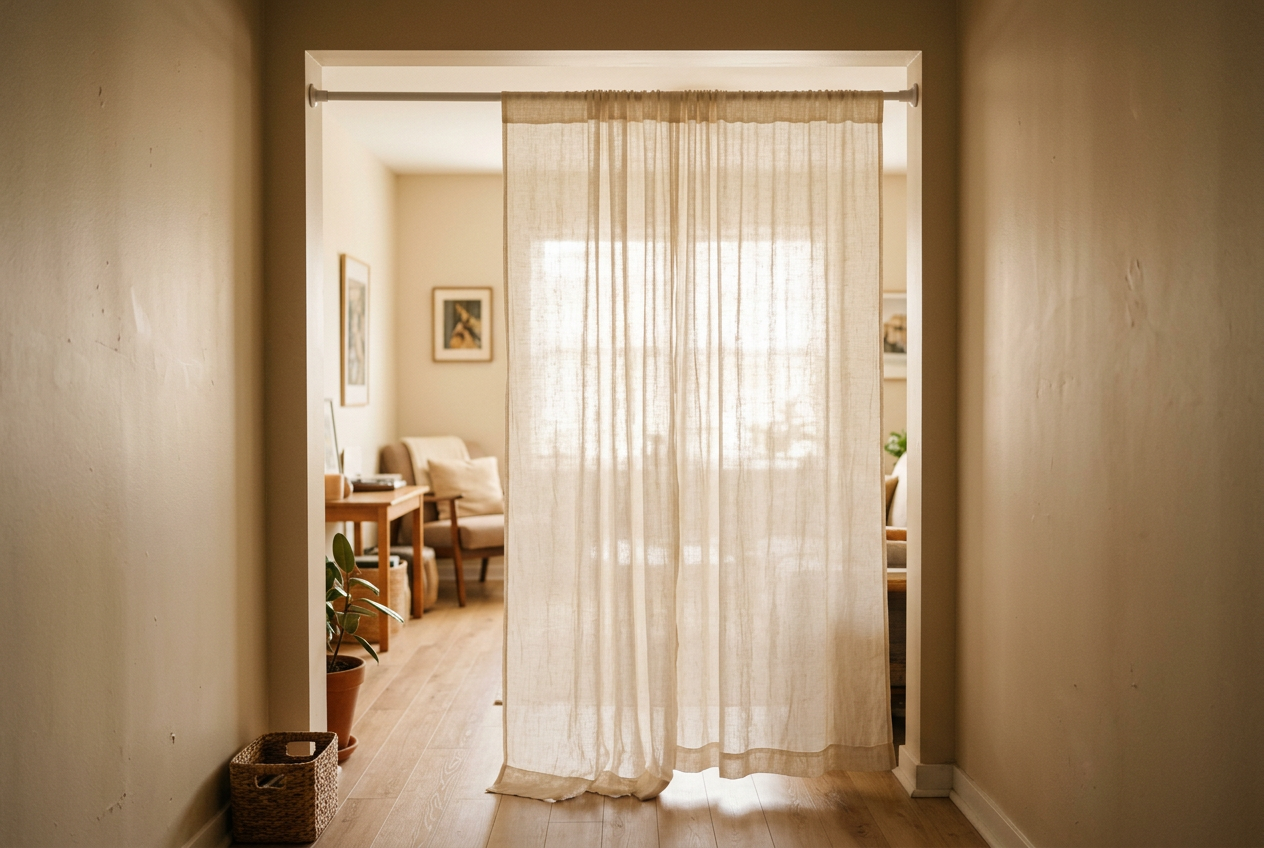 A rental apartment doorway with a white spring tension rod holding a lightweight sheer linen curtain panel in a narrow 60-inch alcove, pale cream fabric slightly translucent, soft daylight creating a warm backlit glow through the curtain