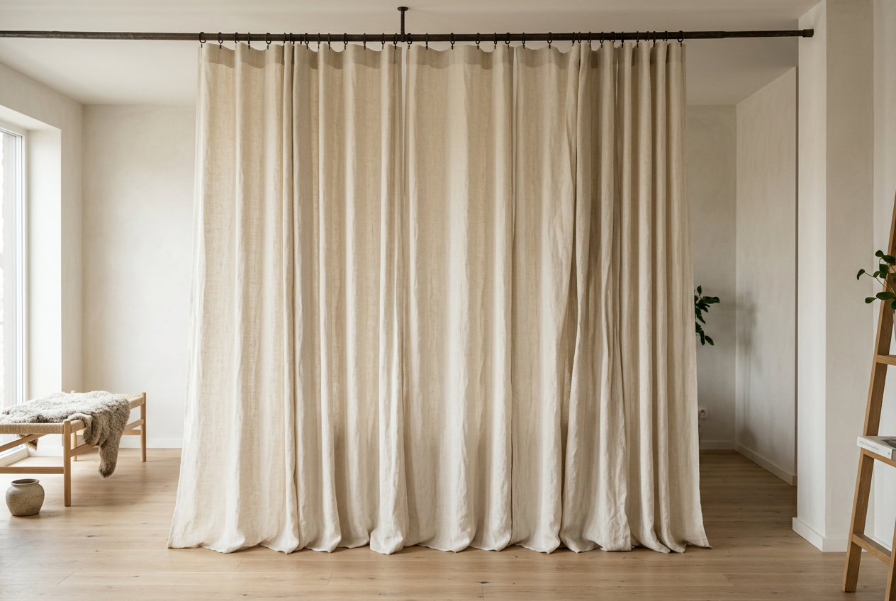 Five natural linen curtain panels hanging side by side in generous 2x fullness folds as a studio room divider, undyed cream linen with gentle vertical pleats, ceiling track visible above, light oak floor below, soft morning light from the left