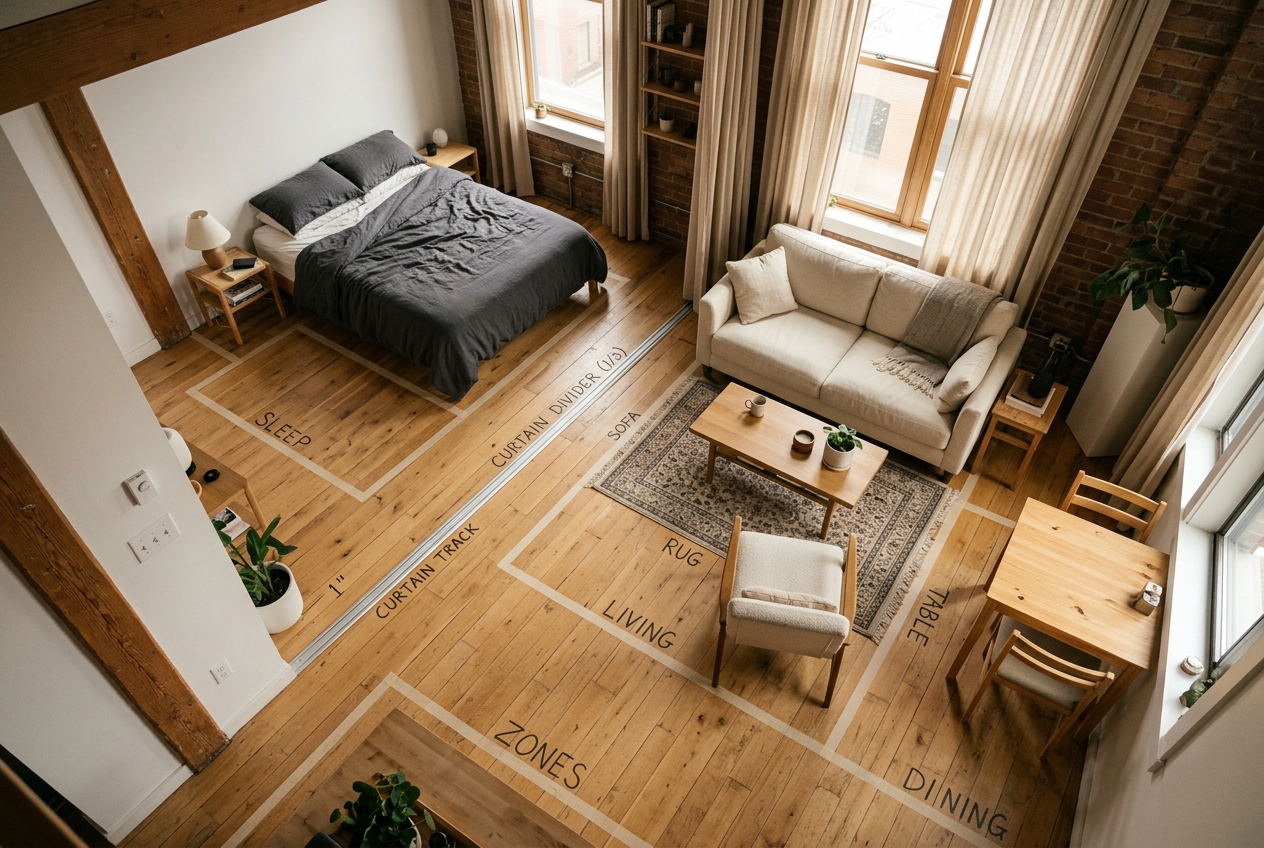 A warm minimalist studio apartment showing a curtain divider positioned one-third from the bedroom end, cream linen panels closed to reveal only the living zone with sofa and jute rug in front, sleeping zone hidden behind, soft morning light from a large window