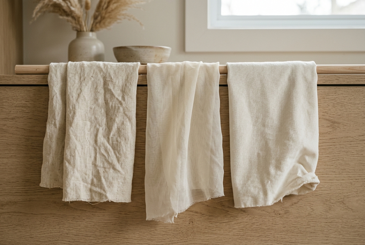 Three fabric swatches for curtain room dividers on a light oak surface: natural undyed linen in cream, a sheer voile in pale ivory, and medium-weight cotton in warm white, each draped slightly to show weight and texture, soft overcast daylight from above