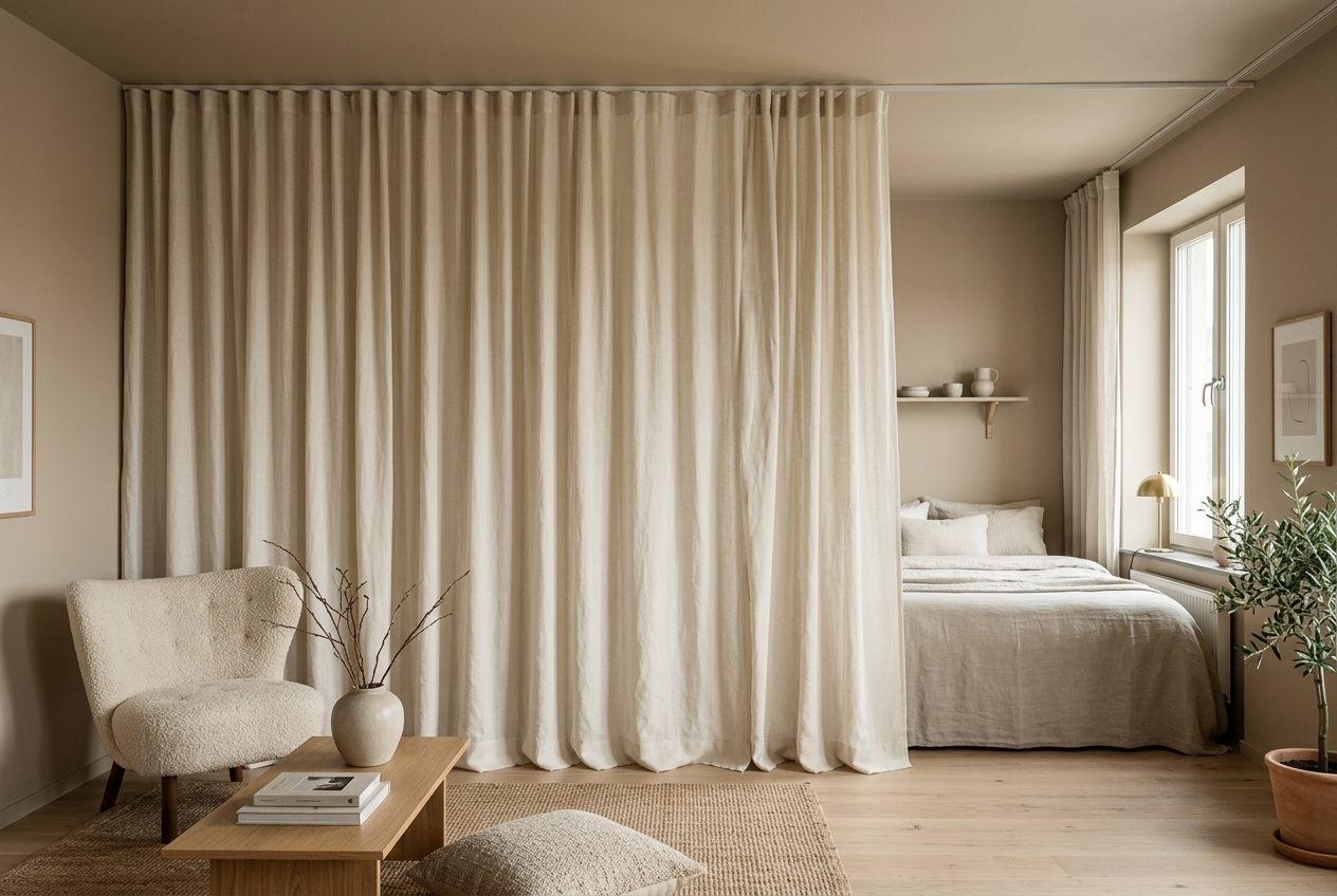 A warm minimalist studio apartment with a well-installed ceiling-to-floor linen curtain room divider, rod positioned just 1 inch below the ceiling, cream panels in 2x fullness folds grazing the floor cleanly, matching the neutral wall tones, soft afternoon light from the right window