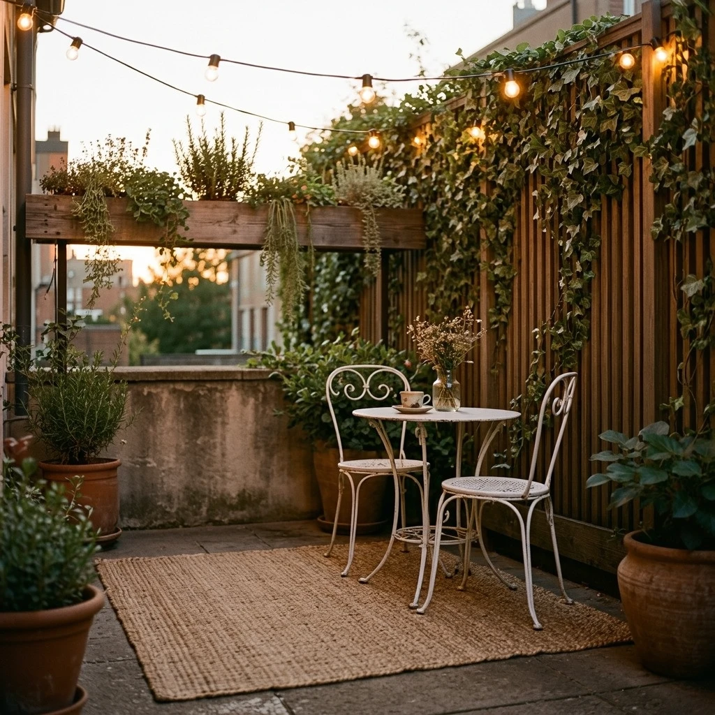 A finished small apartment patio at dusk, flatwoven outdoor rug, compact bistro set for two, railing planter with trailing herbs, warm globe string lights above, a freestanding privacy screen with faux ivy on the left, warm evening light, a space that looks lived-in and deliberate