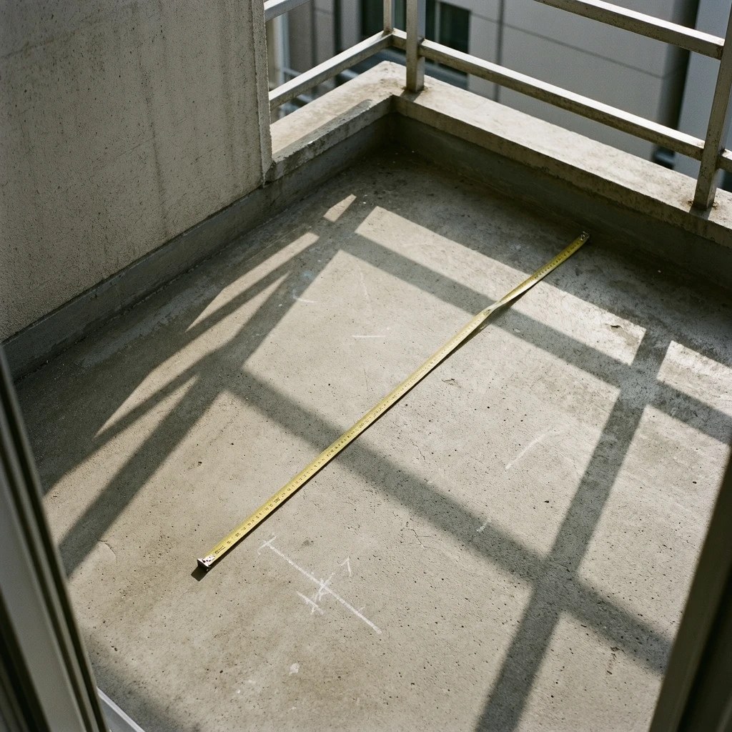 A small concrete apartment balcony with a tape measure laid across the floor showing a 4 by 6 foot space, chalk marks visible on the concrete, morning light from above