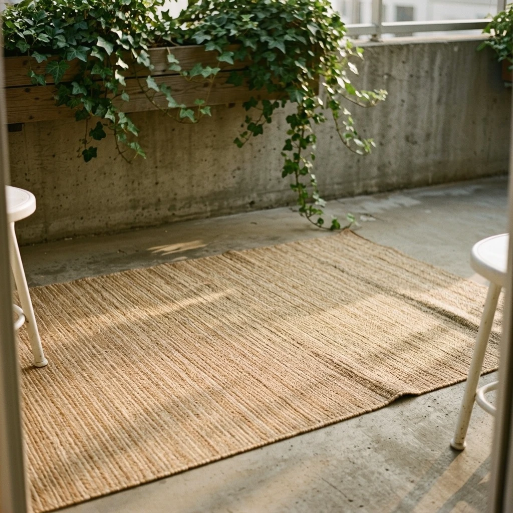 A small apartment concrete patio with a flatwoven sand-toned outdoor rug anchoring a compact bistro area, morning light from the left casting soft directional shadows, trailing ivy in a railing planter at the edge of the frame