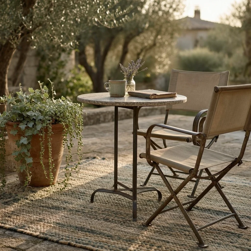 A compact white metal bistro set on a small apartment balcony, one chair slightly pulled out, a single terracotta pot with trailing pothos on the concrete beside the table, early morning light from the right, slightly off-center composition