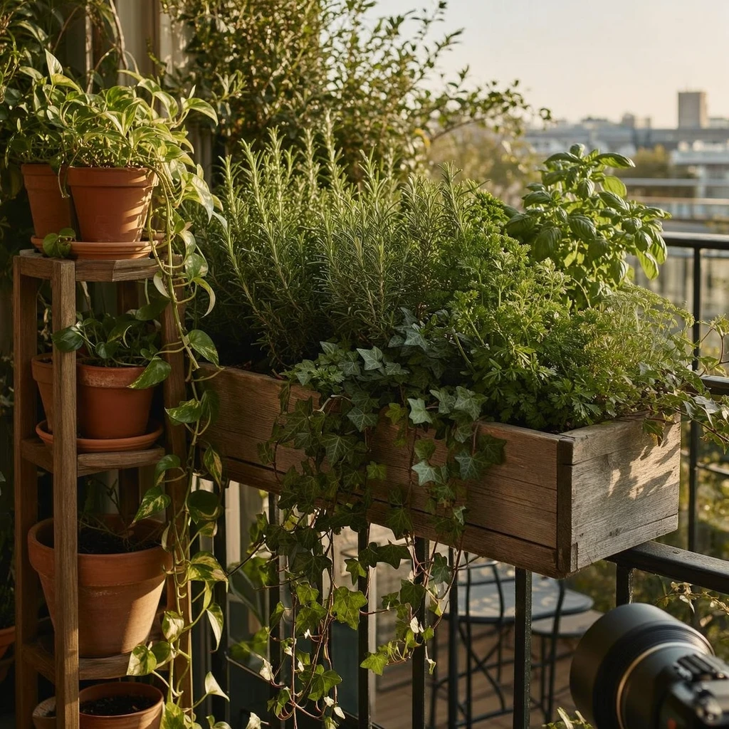 A small apartment balcony railing with a wooden flower box holding herbs at eye level, a tall narrow plant stand in the corner with layered terracotta pots and trailing pothos vines, afternoon light coming through the greenery from the right