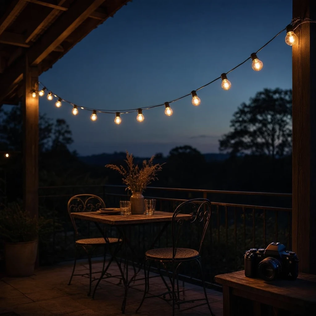 A small apartment patio at dusk, warm globe string lights draped diagonally from a privacy screen post to a balcony railing, casting a warm 2700K glow over a compact bistro table and two chairs below, deep blue evening sky in the background