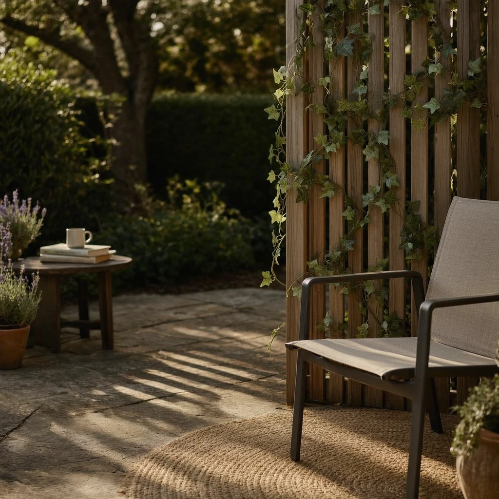 A small ground-floor apartment patio with a freestanding wooden slatted privacy screen weighted at the base, faux ivy threaded through the slats, a single outdoor chair on a jute rug visible in front, afternoon light filtering through the screen from behind