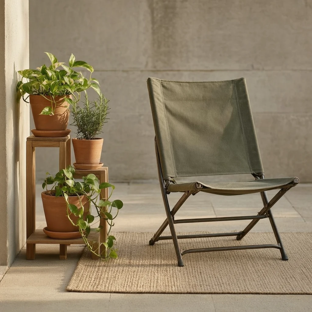 A minimal apartment patio with one olive-toned outdoor folding chair, a flatwoven oatmeal rug on bare concrete, and a narrow plant stand with three terracotta pots in the corner, warm morning light from the left, clean and open