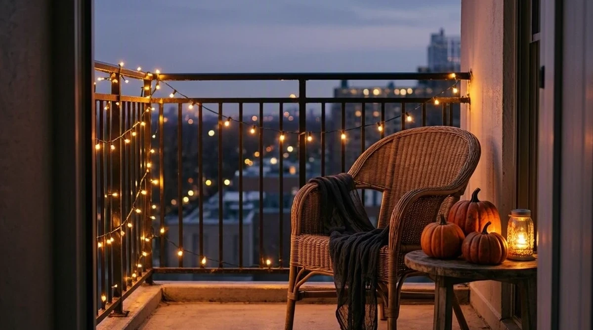 A styled small apartment balcony at dusk with orange string lights on the railing, a cluster of foam pumpkins on a side table, and a black cheesecloth drape, empty walkway kept clear