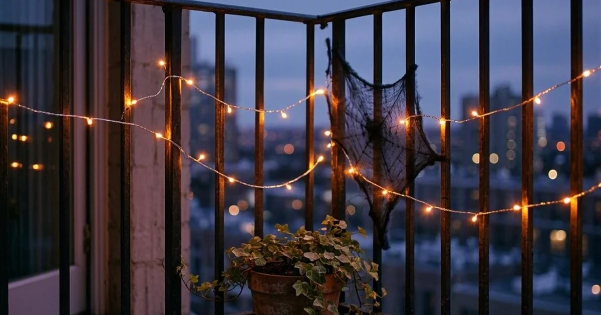 A small apartment balcony railing wrapped in warm orange LED string lights at dusk, with a black faux cobweb draped between two posts and a terracotta pot of trailing ivy below